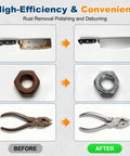 Before and after images of rust removal featuring a knife, nut, and pliers showing polished results.