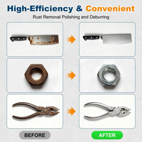 Before and after images of rust removal featuring a knife, nut, and pliers showing polished results.