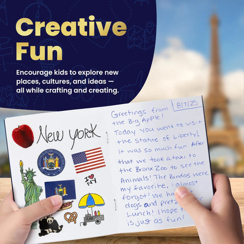 Child holding a Kid Friendly Fake Passport Book Set with stickers and colorful travel-themed drawings, Eiffel Tower in background.