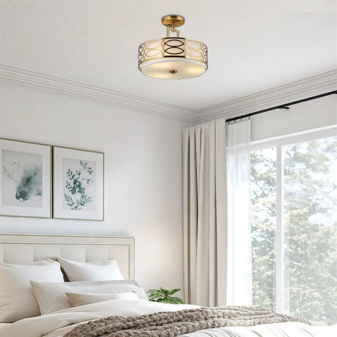 Fifteen Inch Three Light Semi Flush Mount Ceiling Light With White Fabric Shade And Glass Diffuser In Chrome Finish Sleek Modern Vibe Intricate Lattice Detailing Perfect For Living Room Or Foyer Decor Easy To Install