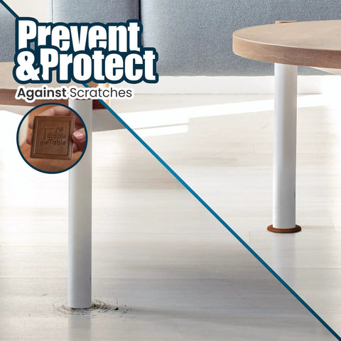 No More Drifting Or Bouncing Heavy Duty Furniture Leveler Pads Fix Wobbly Tables And Chairs Featuring Grippy Rubber showing white leg and brown pad.