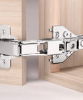 Close-up of a shiny metal 4 Pack 135 And 165 Degree Lazy Susan Hinge in action for corner cabinets.