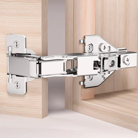 Close-up of a shiny metal 4 Pack 135 And 165 Degree Lazy Susan Hinge in action for corner cabinets.