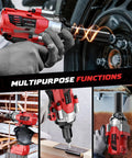 Badass Cordless Impact Wrench For Fast Car Tire Fixes Featuring Knockout Torque And Slick Four Speed Modes With Bright Built In Work Light Bare Tool Compatible With Milwaukee 18V Batteries in use on various materials.