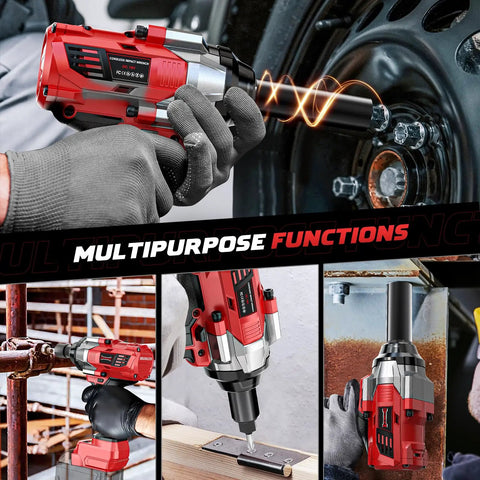 Badass Cordless Impact Wrench For Fast Car Tire Fixes Featuring Knockout Torque And Slick Four Speed Modes With Bright Built In Work Light Bare Tool Compatible With Milwaukee 18V Batteries in use on various materials.