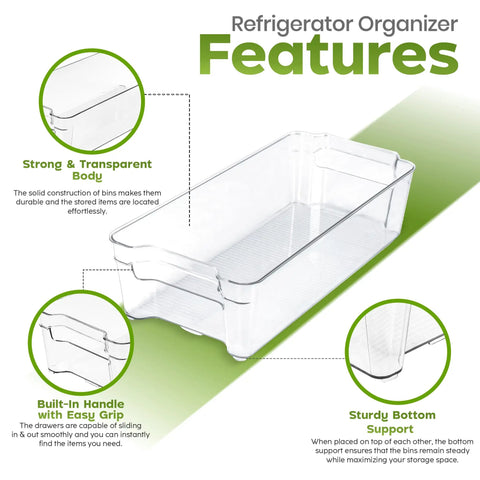 Clear Plastic Stackable Fridge Storage Bins 8 Pack Pantry Organization Cubes For Grocery Management And Fresh Food Keepers features highlighted with transparent body and easy grip handle.