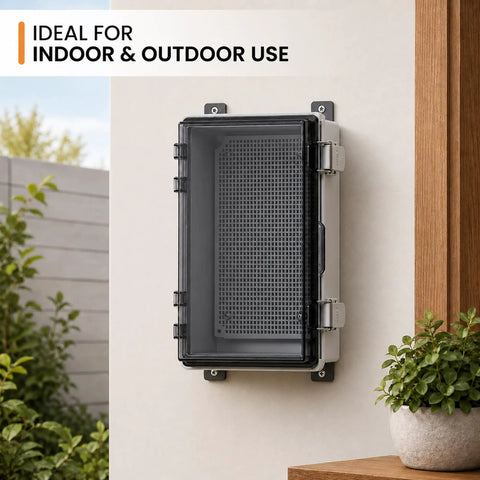IP67 Waterproof Outdoor Junction Box With Hinged Cover And Cable Glands, Tough As Nails Heavy Duty ABS Electrical Enclosure With Rustproof 304 Stainless Steel Latches, Thick Rubber Seal, Weatherproof For Harsh Outdoor Use mounted outdoors