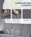Comfortable cushions with armrest pillows, soft padding, breathable fabric on 3 Seat Outdoor Porch Swing With Adjustable Canopy And Convertible Bed For Easy Day To Night Lounging Heavy Duty Patio Swing With Cup Holders And Cushions For Garden Or Poolside.