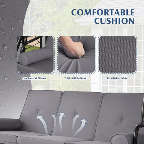 Comfortable cushions with armrest pillows, soft padding, breathable fabric on 3 Seat Outdoor Porch Swing With Adjustable Canopy And Convertible Bed For Easy Day To Night Lounging Heavy Duty Patio Swing With Cup Holders And Cushions For Garden Or Poolside.
