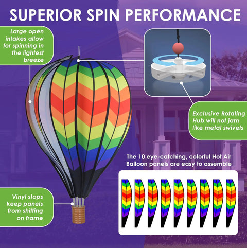 22 Inch Hot Air Balloon Yard Spinner with Double Chevron Rainbow Colors showcasing spin performance in garden decor.