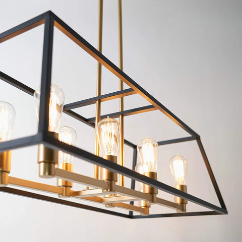 Mid Century Modern Geometric Chandelier With Black And Gold Accents In Age Brass Finish Farmhouse Inspired Pendant Light, side view
