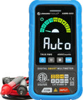 Front view of AMM-600 Auto Smart Digital Multimeter Pro Grade Tool ETL Certified 4000 Counts TRMS with probes, blue case.