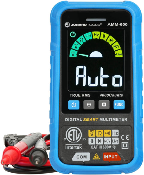 Front view of AMM-600 Auto Smart Digital Multimeter Pro Grade Tool ETL Certified 4000 Counts TRMS with probes, blue case.