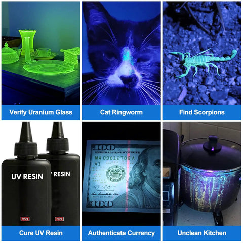 Six applications of 365Nm UV Black Light Flashlight Pro, detecting stains, curing resin, and currency authentication shown