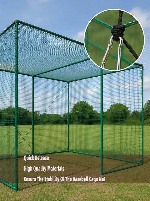 Outdoor batting cage with inset of net hanger showing 25 Pcs Batting Cage Net Hangers With Steel Carabiners And Lanyards.