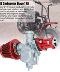 Stage 2 Engine Upgrade Kit With VM22 Carburetor For 212cc Mini Bike And Go Kart Engines includes red air filter, background bike