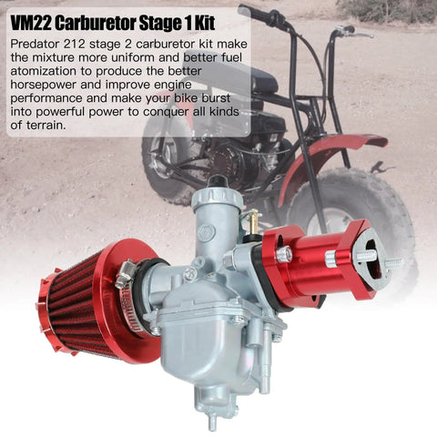 Stage 2 Engine Upgrade Kit With VM22 Carburetor For 212cc Mini Bike And Go Kart Engines includes red air filter, background bike