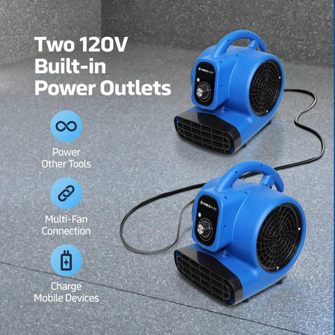 High-Velocity 1/4 HP Industrial Carpet Dryer With 3 Speed Air Mover shown with dual 120V outlets, ideal for wet space recovery
