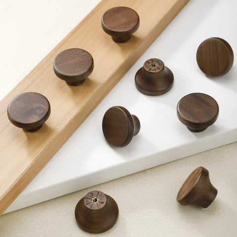 Modern Warm Walnut Wood Cabinet Knobs And Single Hole Drawer Pulls For Dressers Bedroom Furniture Upgrade Fresh Vibe Solid Natural Finish Essential Hardware in various angles