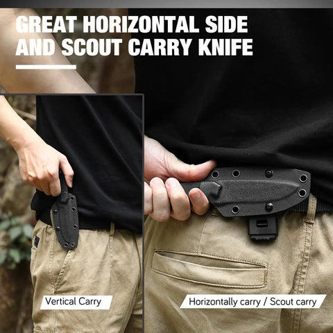 EDC Fixed Blade Knife With Kydex Sheath 7 Inch D2 Steel Razor Sharp Ready To Roll Tactical Knife shown in vertical and horizontal carry