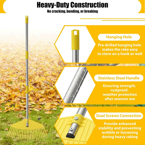 Unbreakable Nylon Leaf Rake With 16.5 Inch Wide Head And 45 Inch Long Handle Lightweight Yard Tool against autumn leaves background