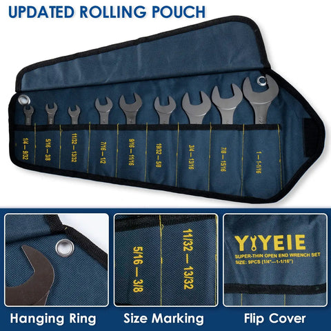 Ultra Slim 9 Piece SAE Open End Wrench Set From 1/4 Inch To 1-1/16 Inch Nickel Plated CR-V Steel With Rolling Pouch