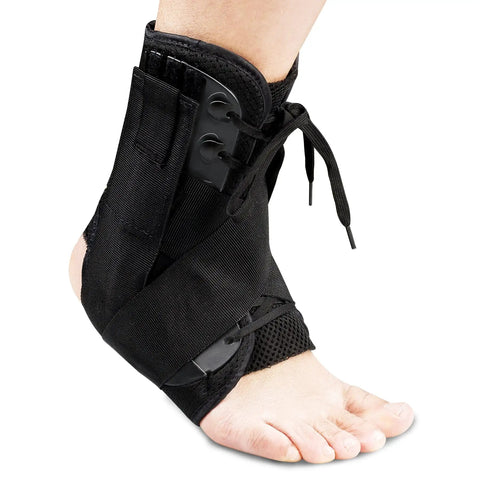 Upgraded Lace Up Ankle Brace With Adjustable Wrap For Women And Men Ankle Support Stabilizer For Sprained Ankles Injury Recovery And Achilles Tendonitis Featuring A Figure Eight Strap Design For The Go To Secure Fit And Comfort During Training, worn on a foot, black color, lace-up closure.