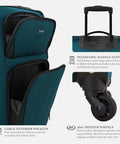Navy expandable spinner luggage 31 inch with telescopic handle and large exterior pockets for travel convenience and mobility.