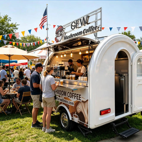 Boot Up Your Culinary Hustle With This Dope Mobile Catering Trailer Featuring Smooth AC Cooling And A Crisp White Mailbox Layout Perfect For Cafe Setups Or Street Food Ventures Straight From The Factory Floor With No Rip Off Pricing - A mobile coffee trailer serving customers with a minimalist design.
