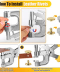 Heavy Duty Snap Button Press Kit With Carbon Steel Pliers Including 160 Leather Rivets 20 Magnetic Snaps And 40 Leather Snaps for Leather Craft Denim Repair And DIY Projects Integrated Hole Punch For Quick Holes And Snaps, showing use instructions.