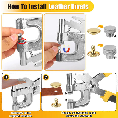 Heavy Duty Snap Button Press Kit With Carbon Steel Pliers Including 160 Leather Rivets 20 Magnetic Snaps And 40 Leather Snaps for Leather Craft Denim Repair And DIY Projects Integrated Hole Punch For Quick Holes And Snaps, showing use instructions.