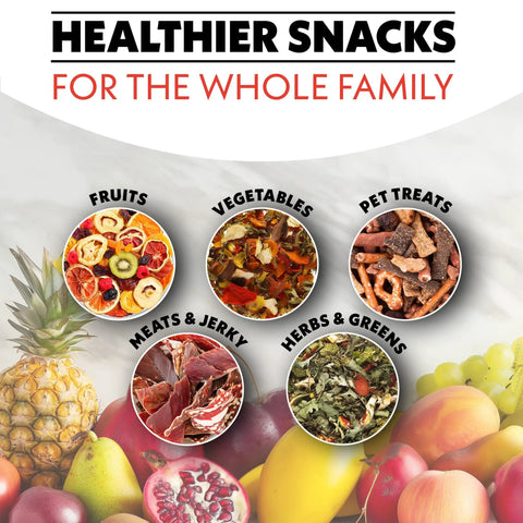 Healthier snacks featuring dehydrated fruits, vegetables, meats & jerky, herbs, and pet treats, promoting family wellness.