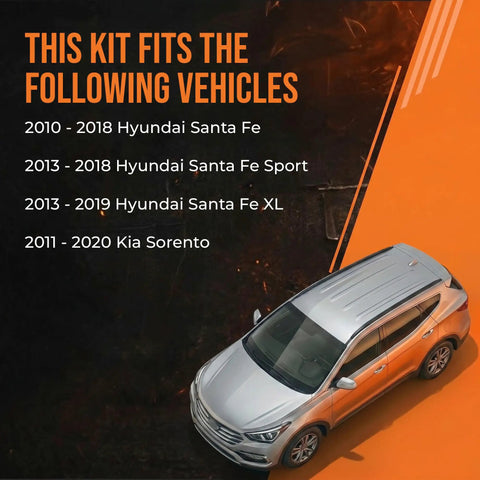 Image showing a list of vehicles compatible with the Rear Brake Kit With Carbon Ceramic Rotors For 2010 To 2018 Hyundai Santa Fe Sport Santa Fe XL And 2011 To 2020 Kia Sorento OE Replacement Pads And Rotors Built For Real Deal Stopping Power.