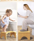 Child and adult using Bamboo Poop Stool 7 Inch Toilet Step For Easy Pooping And Squatting in bathroom, anti-slip design visible.