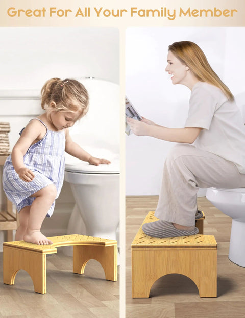 Child and adult using Bamboo Poop Stool 7 Inch Toilet Step For Easy Pooping And Squatting in bathroom, anti-slip design visible.