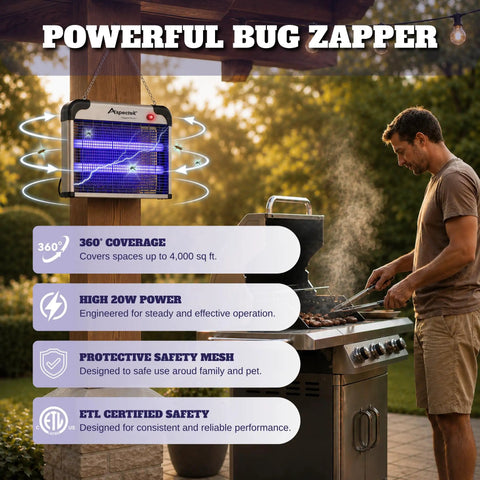 Man grilling near Beast Mode Electric Bug Zapper For Home And Covered Outdoor Areas With 20W UV Bulbs And 2800V Grid