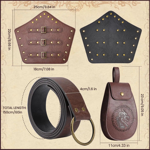 Dope 3 Piece Renaissance Accessories Set Featuring Legit Vintage Viking Belt And Premium Crafted Leather Bracers For Badass Medieval Cosplay Festival Flex, includes adjustable brown belt and leather bracers