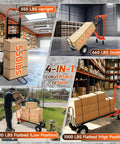4 In 1 Convertible Hand Truck Heavy Duty Alloy Steel Folding Dolly Cart in warehouse with various load positions.