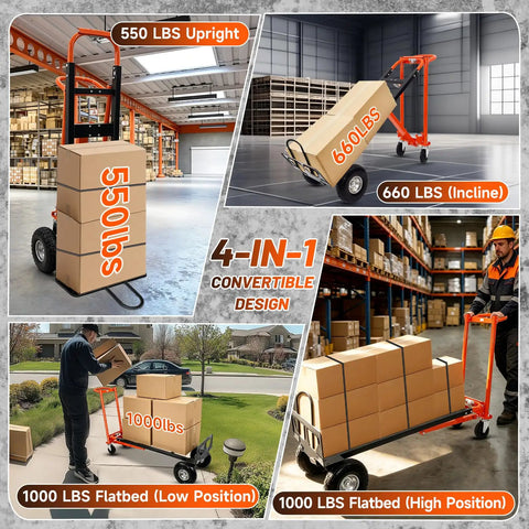 4 In 1 Convertible Hand Truck Heavy Duty Alloy Steel Folding Dolly Cart in warehouse with various load positions.