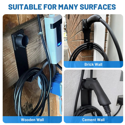 Real Deal Wall Mount EV Charger Holder Built For Everyday Drive Use Compatible With Popular J1772 Type 1 Connectors on wooden, brick, and cement walls.