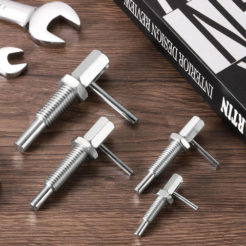 Top Shelf Rock Solid Retractable Indexing Plunger Pin Set M8x1.25 Stainless Steel Spring Loaded pins on wooden table.