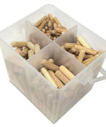 Birch Wood Fluted Dowel Pins In A 400 Piece Variety Bucket With One Quarter Inch, Five Sixteenths Inch, And Three Eighths Inch Dowels