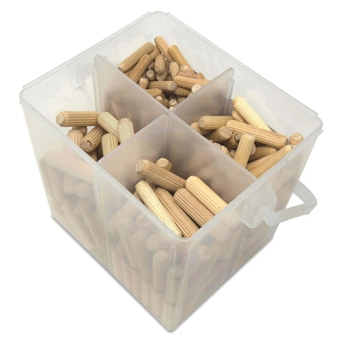 Birch Wood Fluted Dowel Pins In A 400 Piece Variety Bucket With One Quarter Inch, Five Sixteenths Inch, And Three Eighths Inch Dowels
