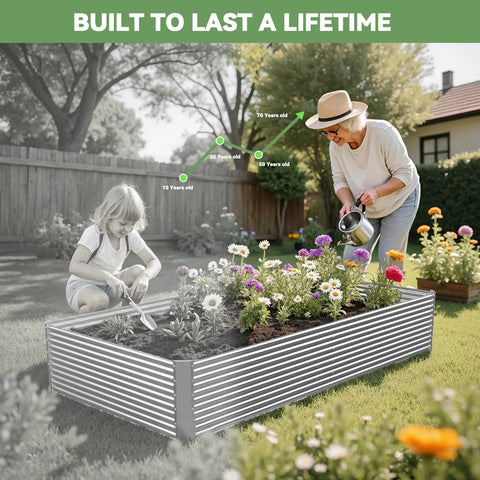 Two Pack Tall 8 Foot Raised Garden Beds, Corrugated Galvanized Steel Above Ground Garden Bed For Vegetables And Flowers, 8 By 3 Feet, Sturdy Durable Easy Assembly, Ideal For Herbs And Deep Rooted Plants in use with people gardening outdoors.