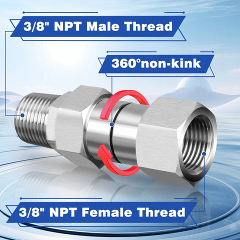 M MINGLE 3/8 in NPT pressure washer swivel fitting, front view; stainless steel, male to female adapter, 360° swivel