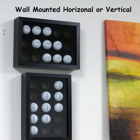 Wall-mounted 15 Ball Golf Ball Display Case Wooden Shadow Box With Acrylic UV Dust Cover, showcases vertically and horizontally.