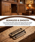 Mini Antique Bronze Hinges Set 12 Pcs 1.4 Inch Rounded Corner Folding Hardware on cabinet and close-up on wood surface.