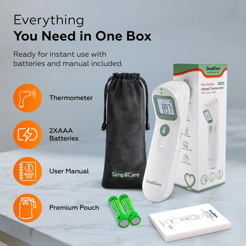 Non Contact Forehead Thermometer For Baby And Adults, FDA Cleared, Medical Grade Accuracy, Fast Fever Check, Family Friendly Infrared Thermometer For Home Use, with pouch, batteries, and manual