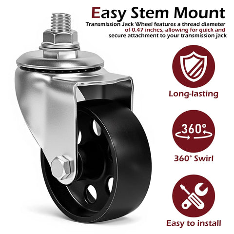 Beefy Cast Iron Transmission Jack Wheels Set Four Pack, heavy-duty 2.8 inch caster wheel with 0.47 inch thread diameter for movers.