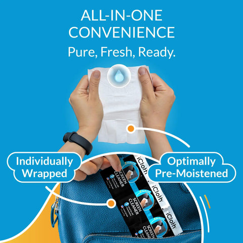 Person holding Screen Cleaning Wipes Travel Pack Individually Wrapped For Laptops Monitors And TVs Streak Free 24 Large Wipes On The Go